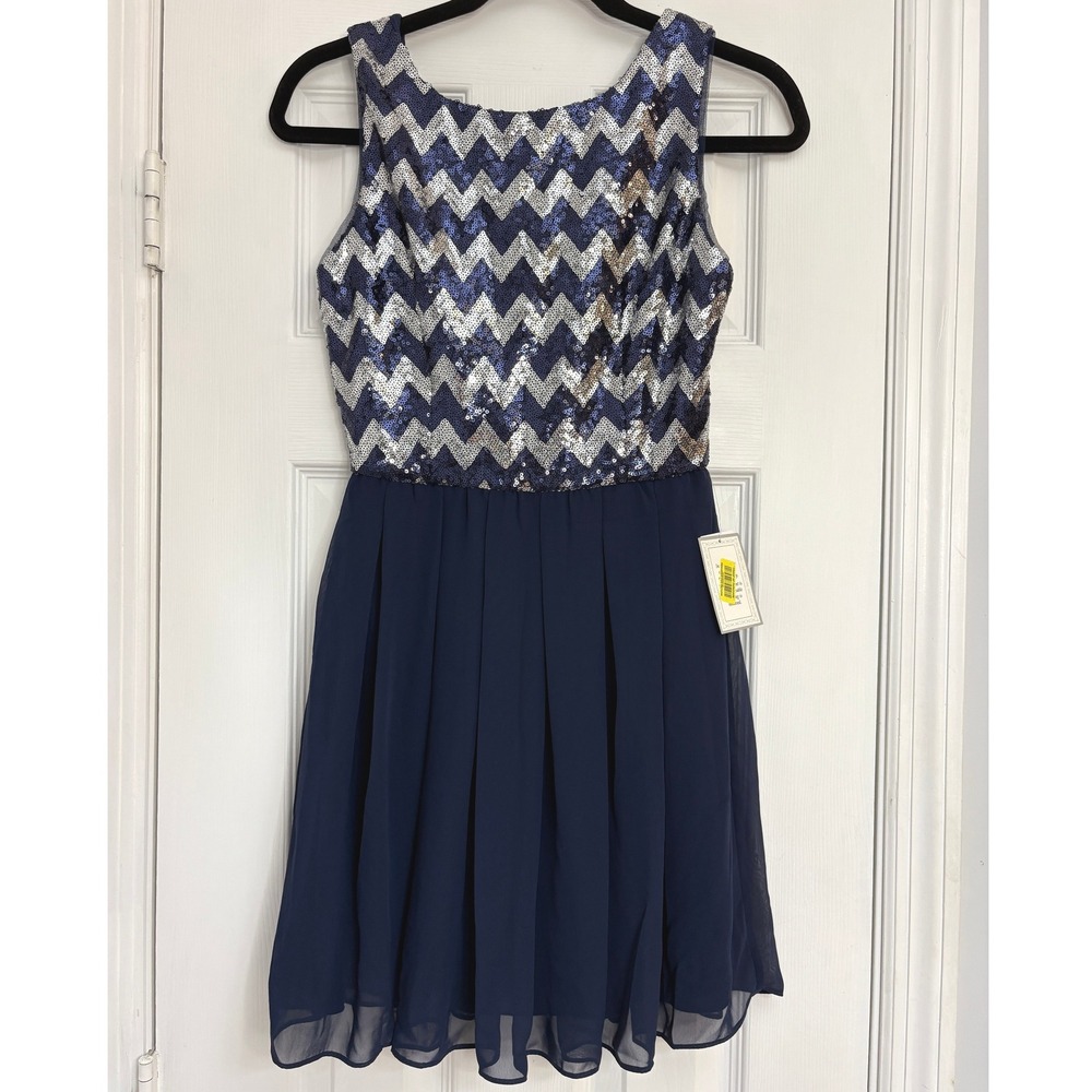 NWT Prom Mini Dress Sz 1/2 Navy Blue Silver Sequin Chevron NYE Party B. Darlin
